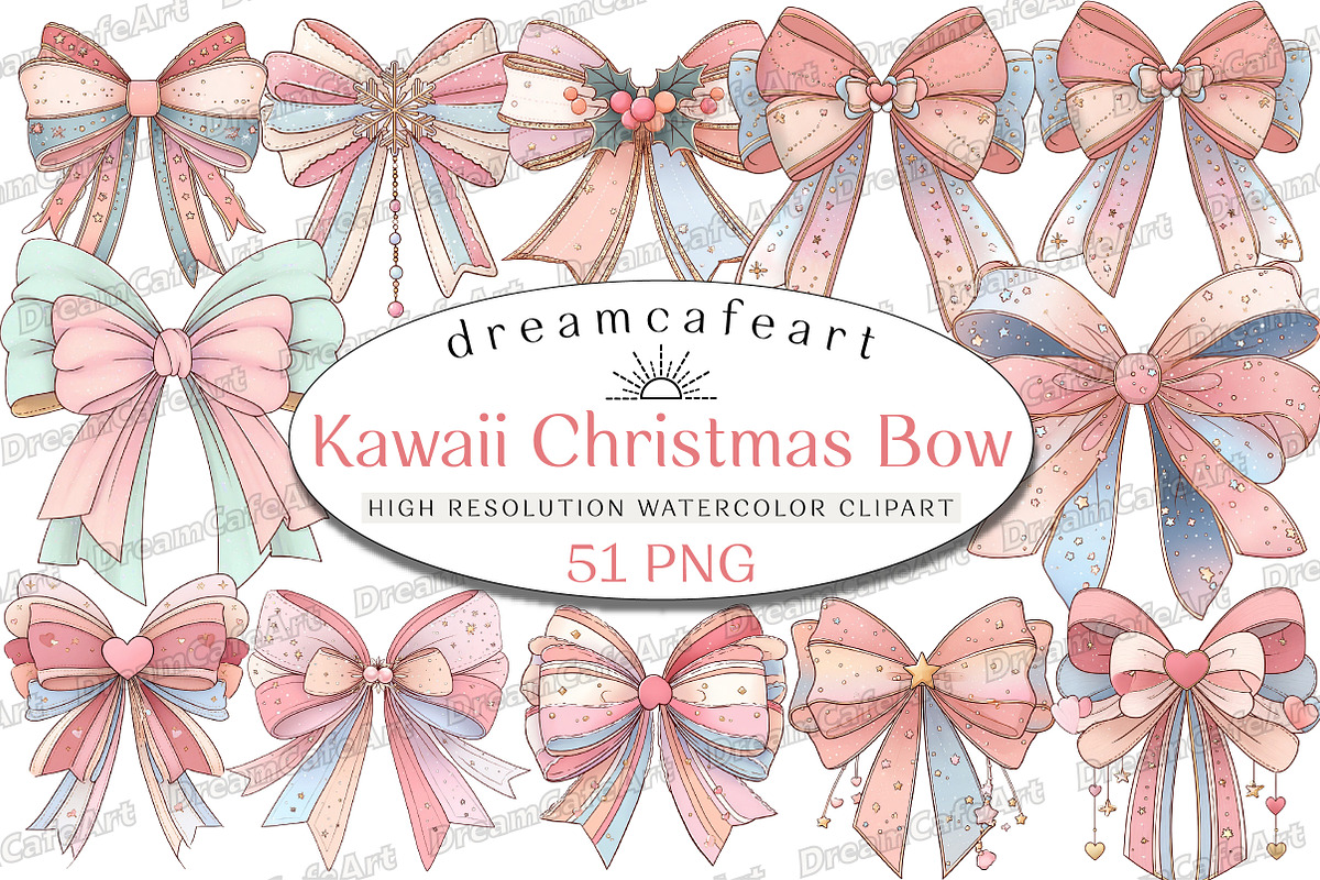 Pastel Kawaii Christmas Bow Clipart, an Illustration by DreamCafeArt (Photo 1 of 8)