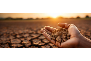 Hand holding dry soil against a, a Background Photo by Igor Tichonow