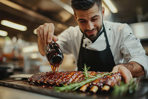 Chef expertly pouring rich barbecue, a Photo by Pavel_design