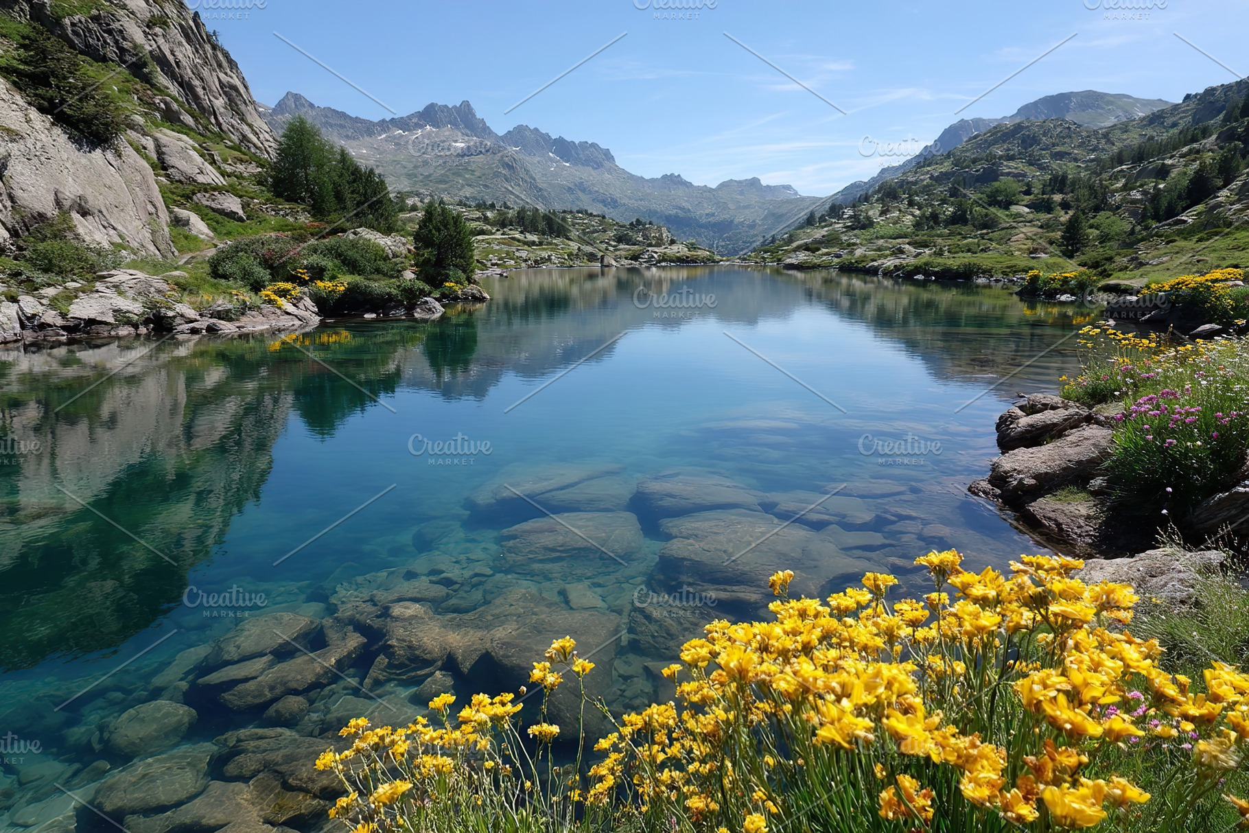 Serene alpine lake surrounded by lush green hills and vibrant wildflowers under, a Nature Photo by AlyaAnd