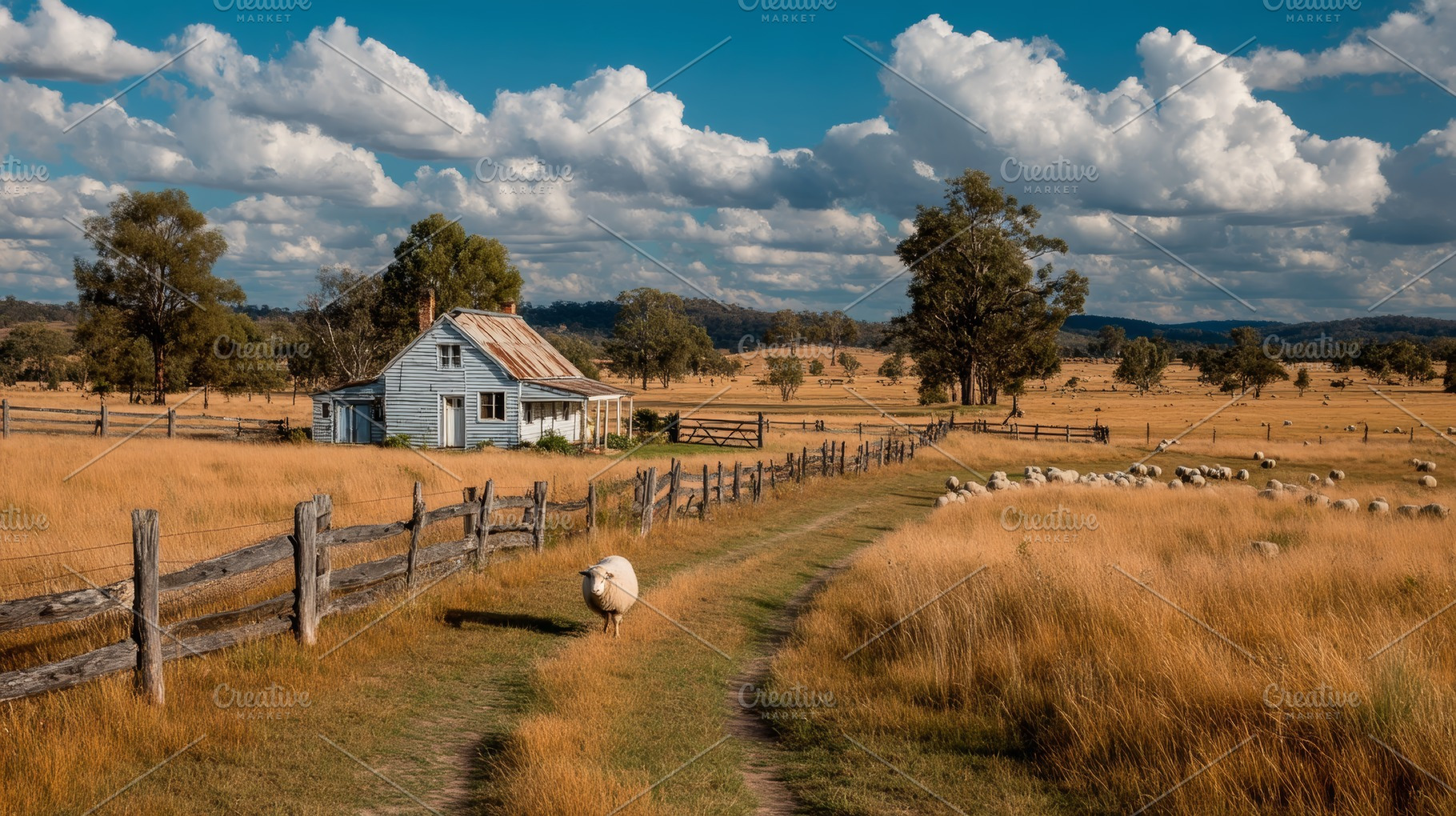 Sheep grazing along a dirt track by a rustic farmhouse on an Australian country, a Photo by AS photostudio