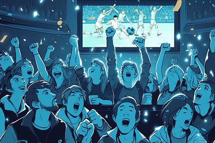 Excited crowd of diverse friends cheering during a sports match, an Illustration by AS photostudio