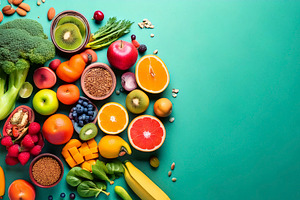 Fruits and vegetalbles elements over turquoise color background, a Food & Drink Photo by DanFLCreativo