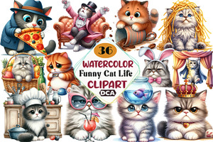 Funny Cat Life Watercolor Clipart, an Illustration by DreamCafeArt
