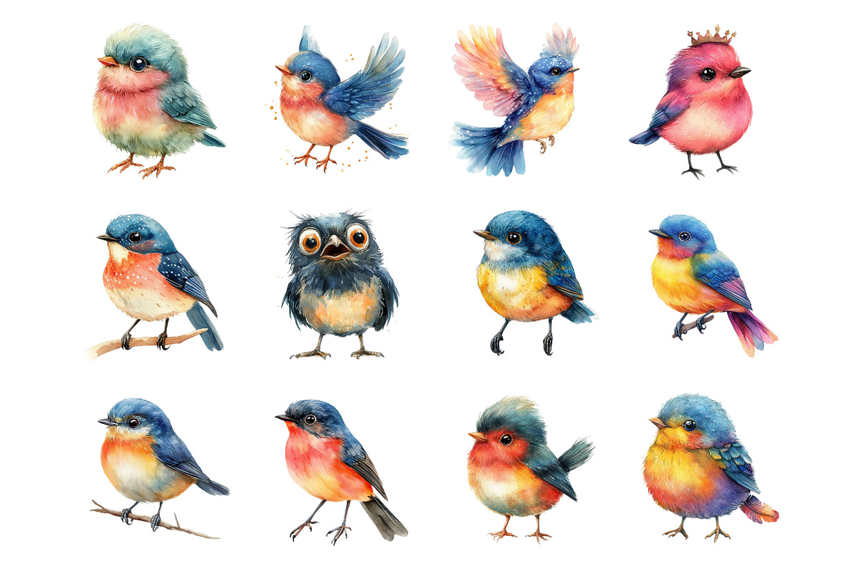 Watercolor Whimsical Bird Clipart, an Illustration by SinaCreation (Photo 2 of 7)