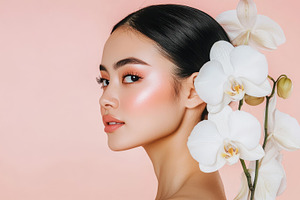 A side profile of a young Asian woman with sleek black hair adorned with orchid, a Person Photo by Mashimara
