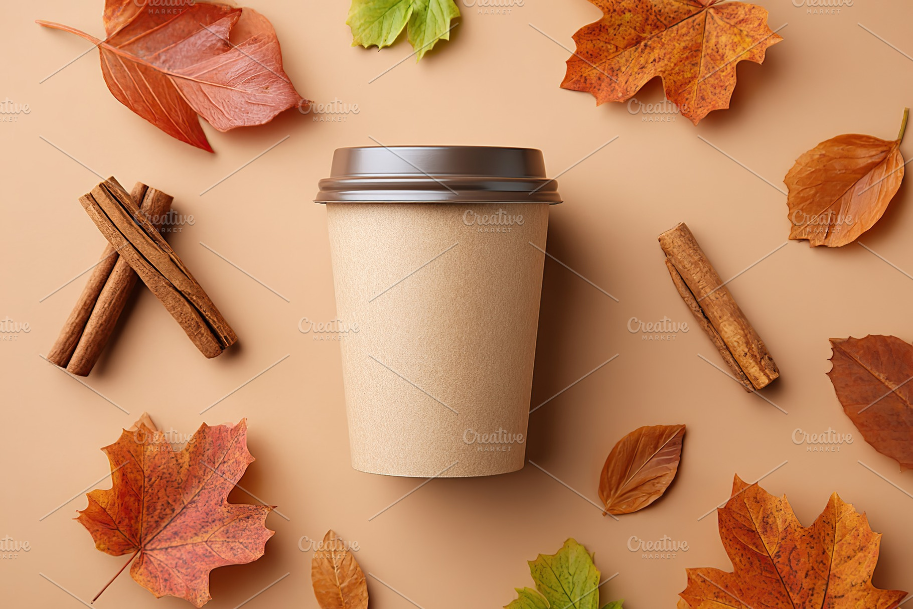 Stylish autumn coffee cup surrounded by vibrant leaves and cinnamon sticks, a Food & Drink Photo by AlyaAnd