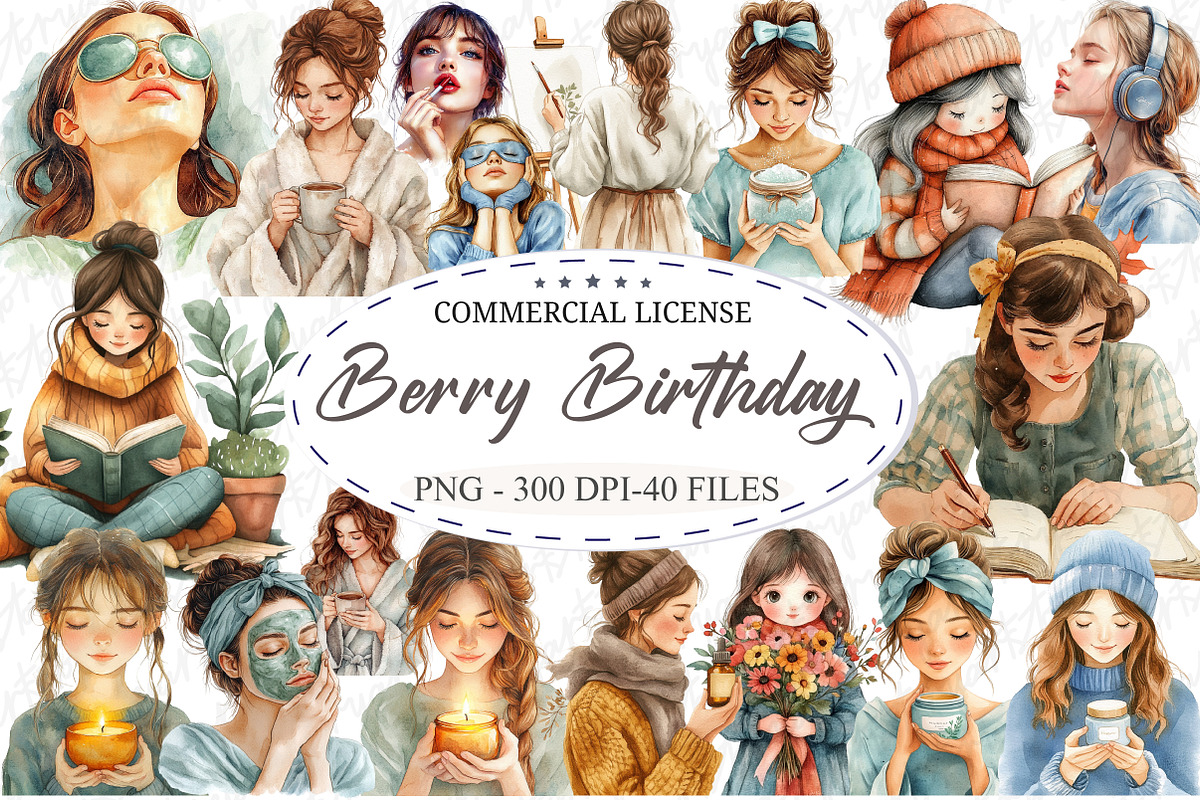Girl Self Care Watercolor Clipart, an Illustration by designcity5 (Photo 1 of 5)
