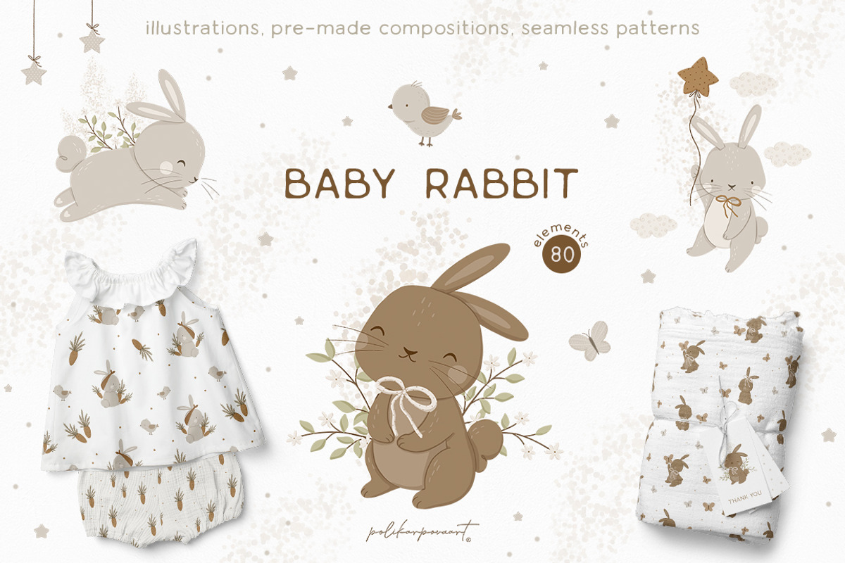 Baby Rabbit illustration & patterns, an Animal Illustration by polikarpovaart (Photo 1 of 12)