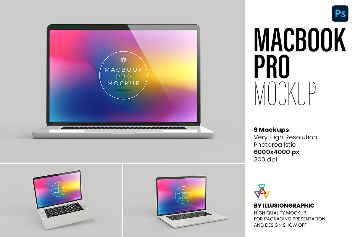 Macbook Pro Mockup - 9 views, a Books & Magazine Mockup by Illusiongraphic