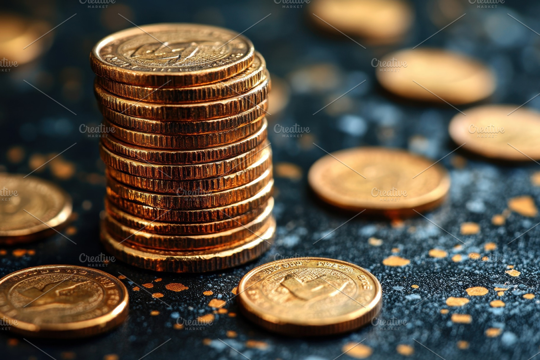Stacked golden coins on a dark surfa, a Photo by Tanuart