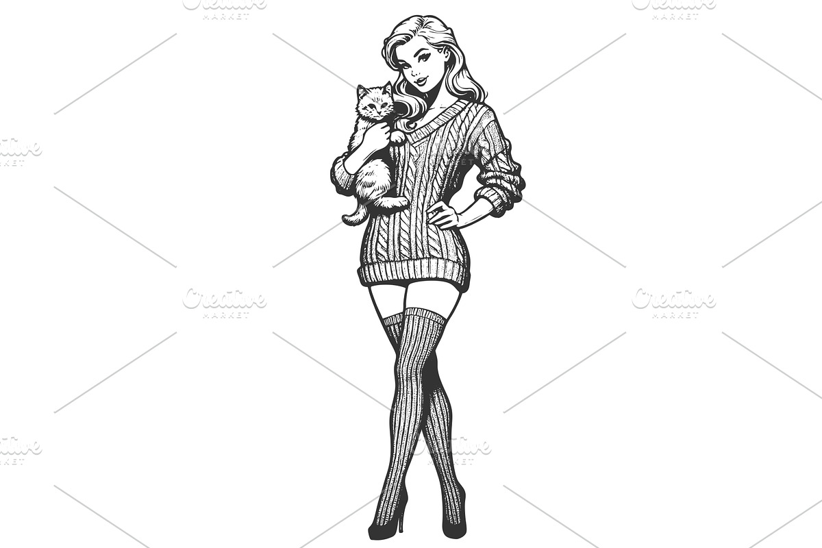 Girl in Sweater Holding Cat vector, a Person Illustration by AlexArt