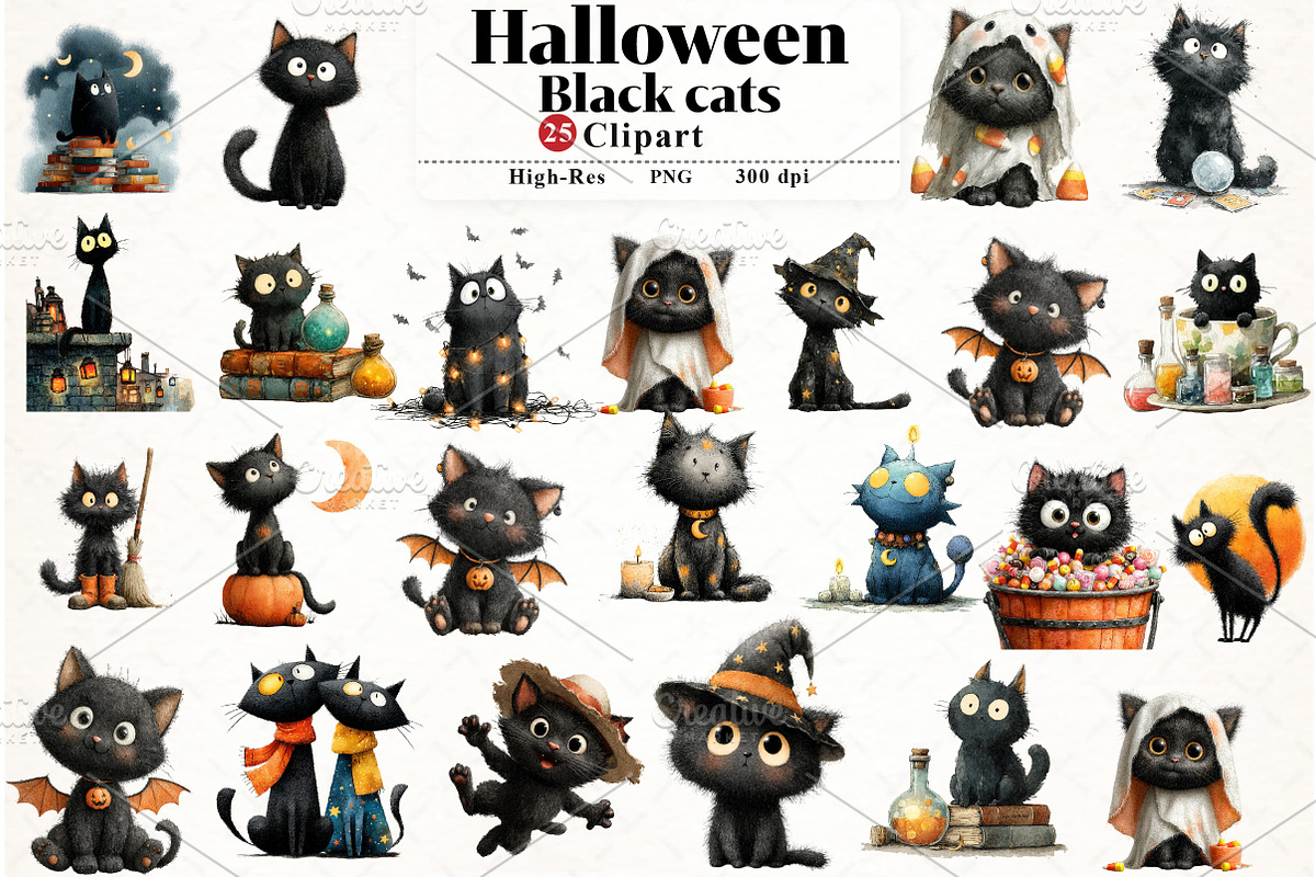Halloween Black cats Clipart, an Illustration by Watercolor design (Photo 1 of 4)