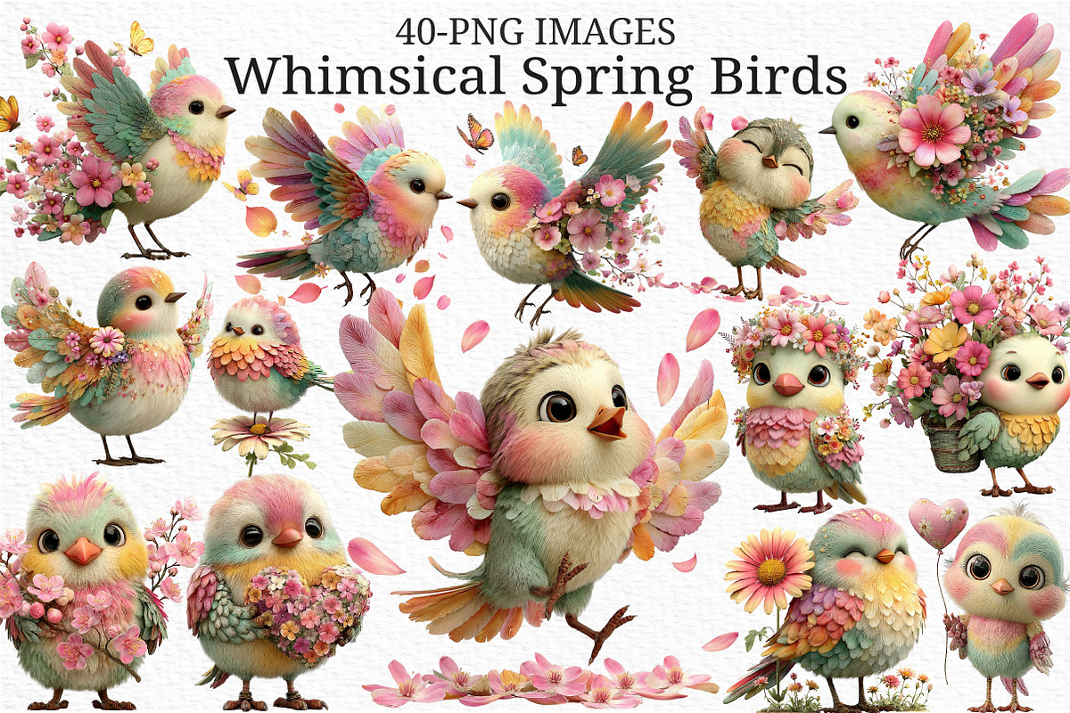 Whimsical Spring Birds Clipart PNG, an Illustration by Craft Nest (Photo 1 of 11)
