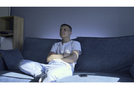 Young man is sitting on sofa and, a Person Photo by Media Whale Stock