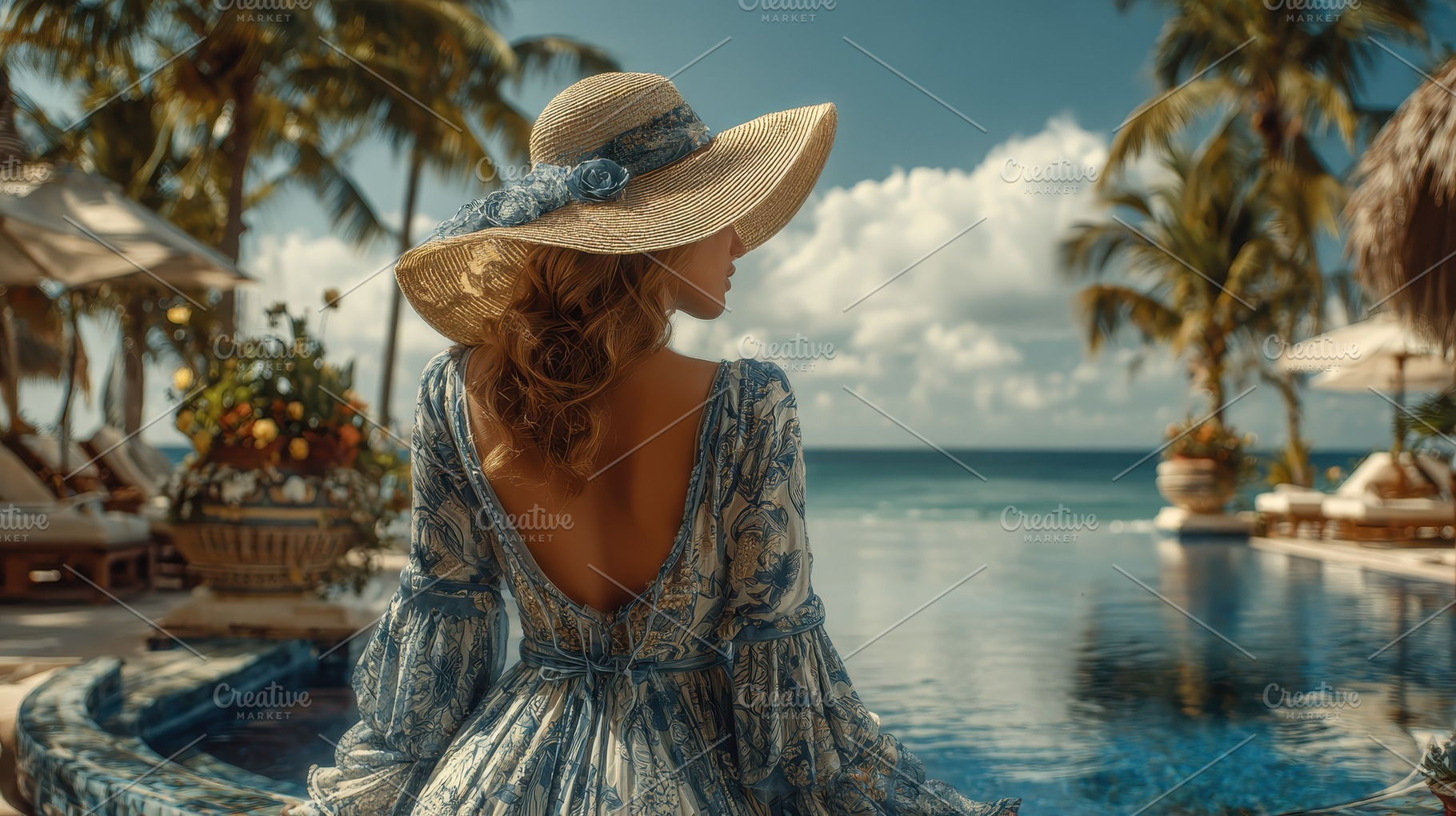 Woman in elegant dress by resort poo, a Photo by Pixeness Studio