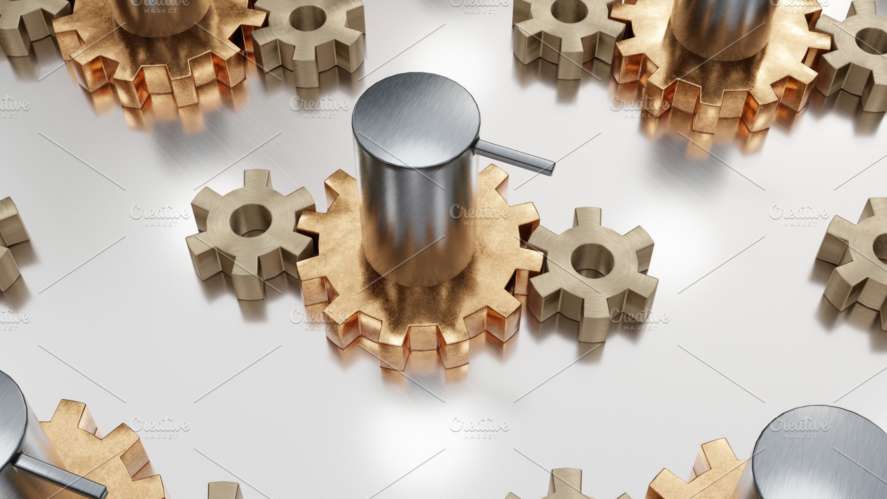 Metal gears and pistons arranged on reflective industrial surface, an Industrial Photo by RF Images