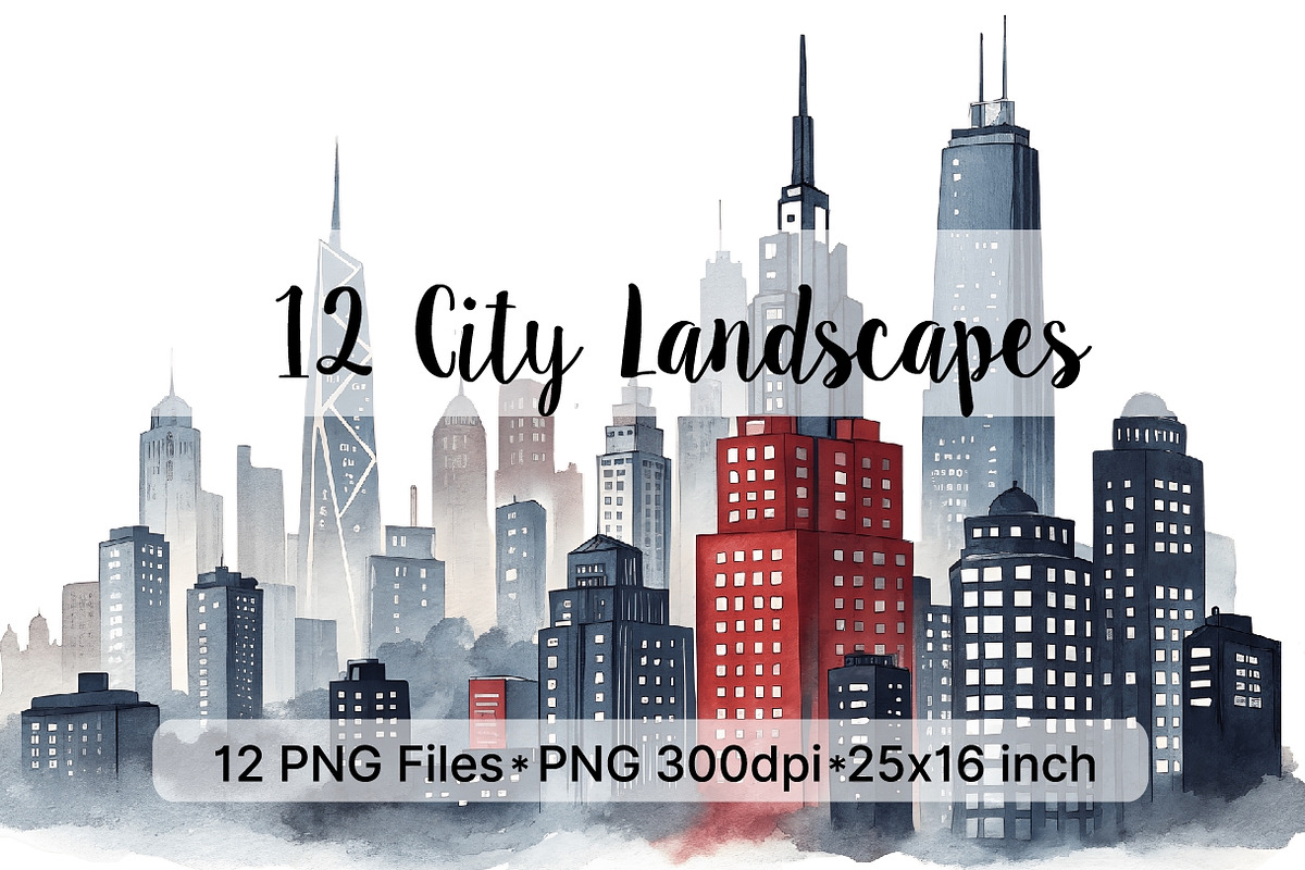Watercolor Cityscape PNG Skyscraper, a Decorative Illustration by AlexZeL (Photo 5 of 5)