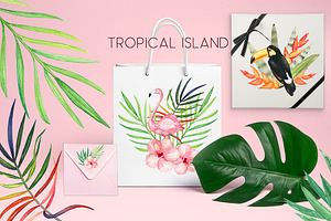 Tropical Island. Watercolor Clipart.