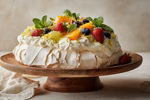 Fruit pavlova on wood stand, a Photo by Beautiful things