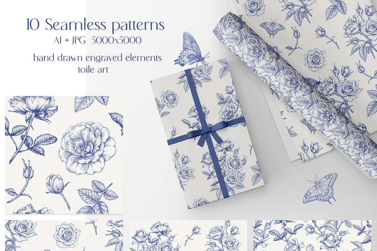 Roses Vintage set Blue Toile Vector, an Object Graphic by ON_lineart_store (Photo 8 of 10)
