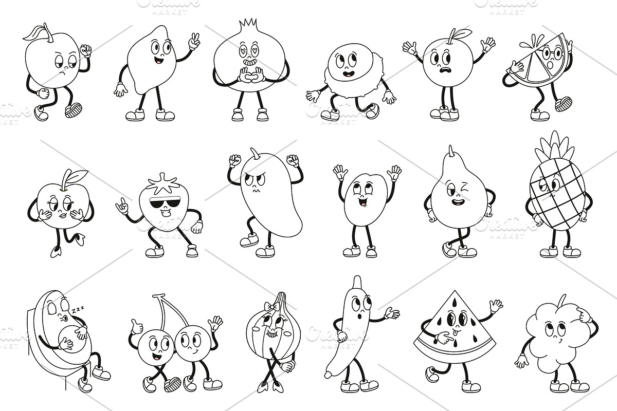 Coloring fruit characters. Funny, a Food Illustration by Valerie Bodnar