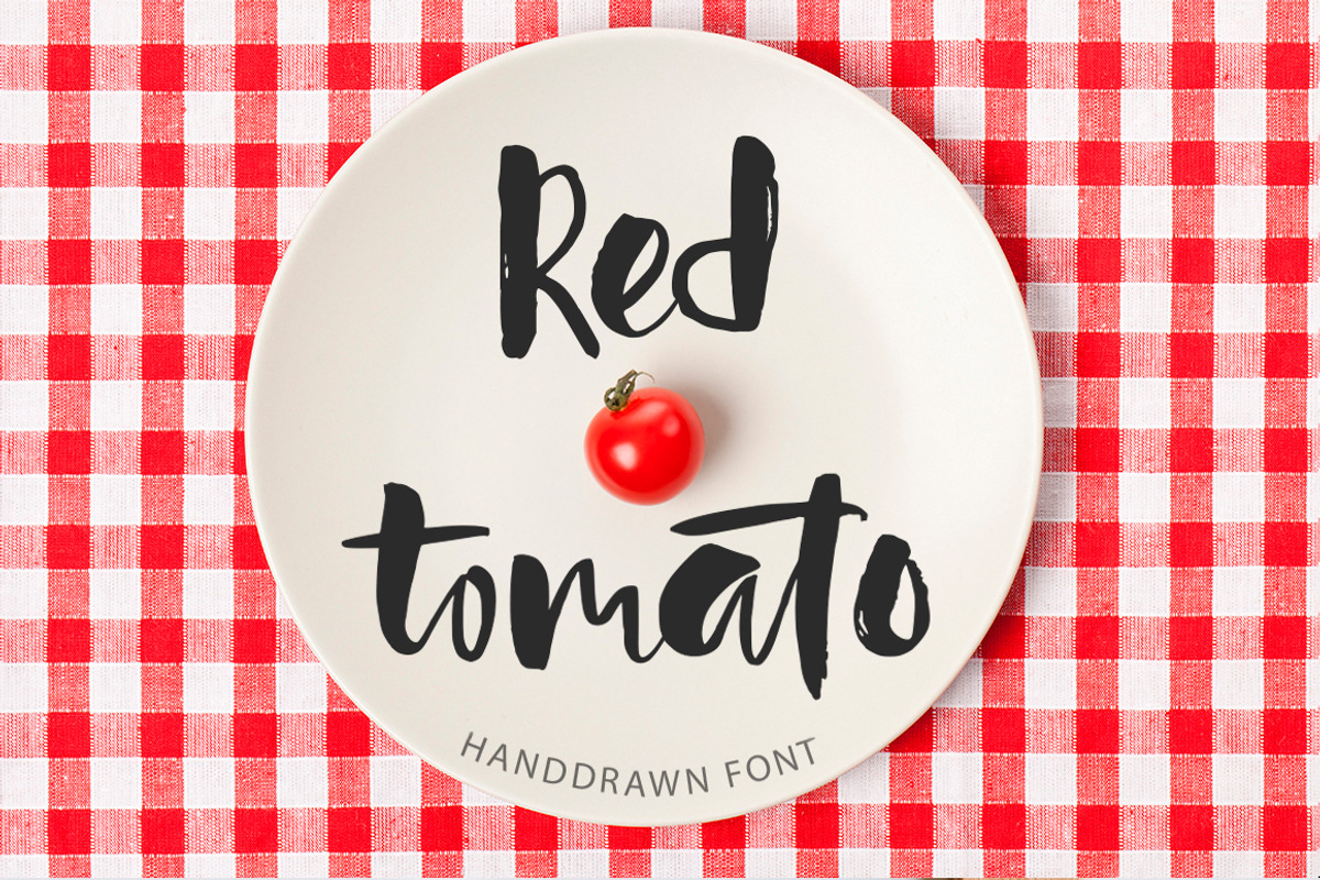 Red tomato. Script font.