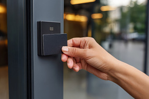 A close-up of a hand using a key card to access a modern building, showcasing s, a Business Photo by ImageMir