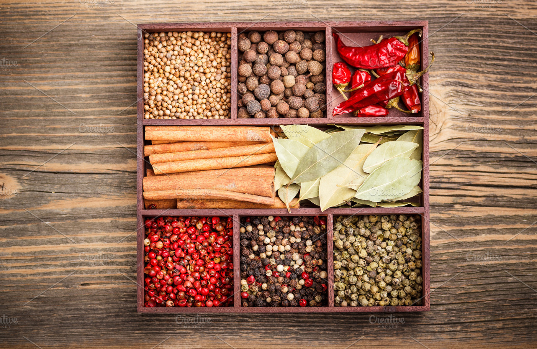 Assortment of spices containing spices, food, and box