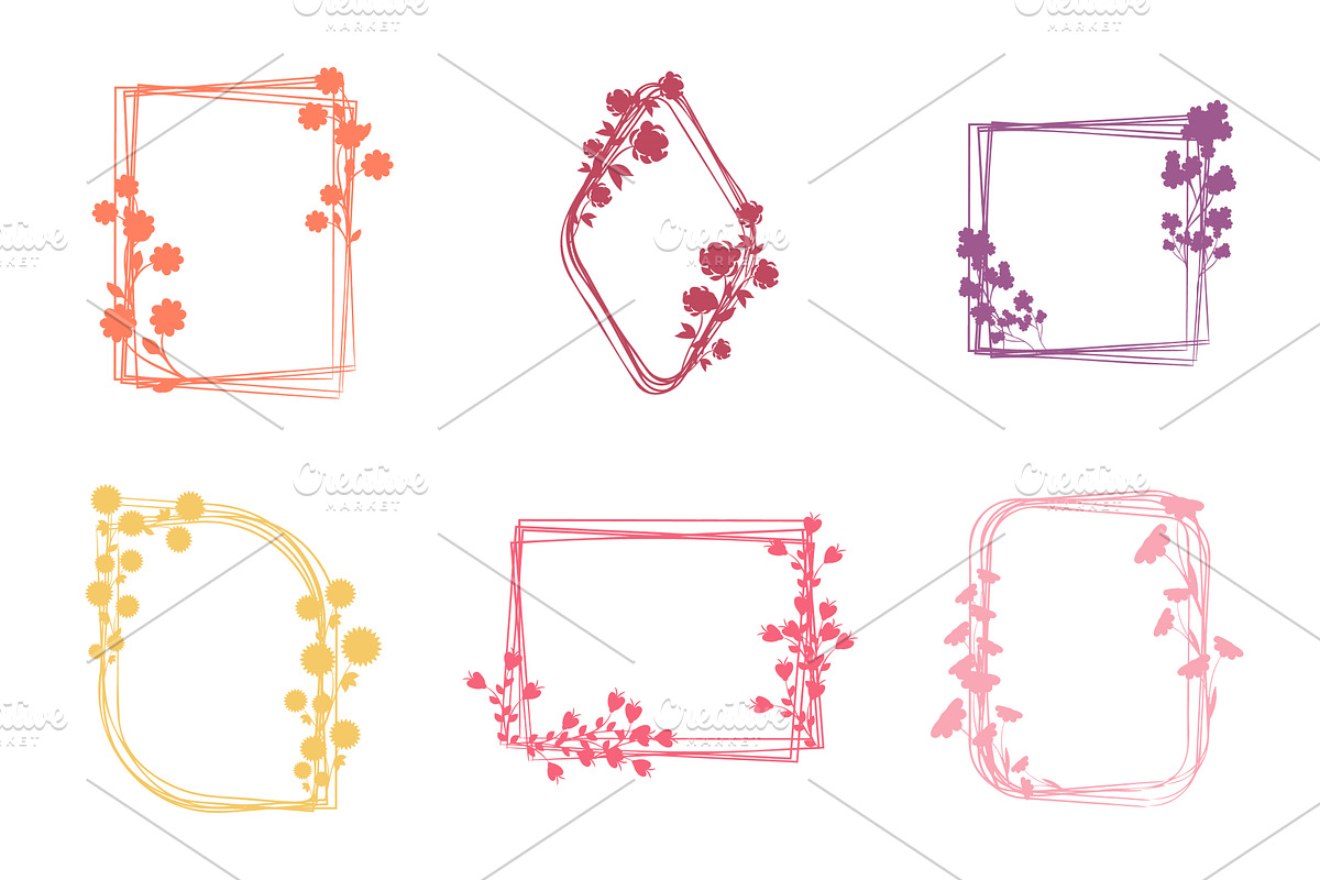 Colorful floral frames on white, an Illustration by okskukuruza
