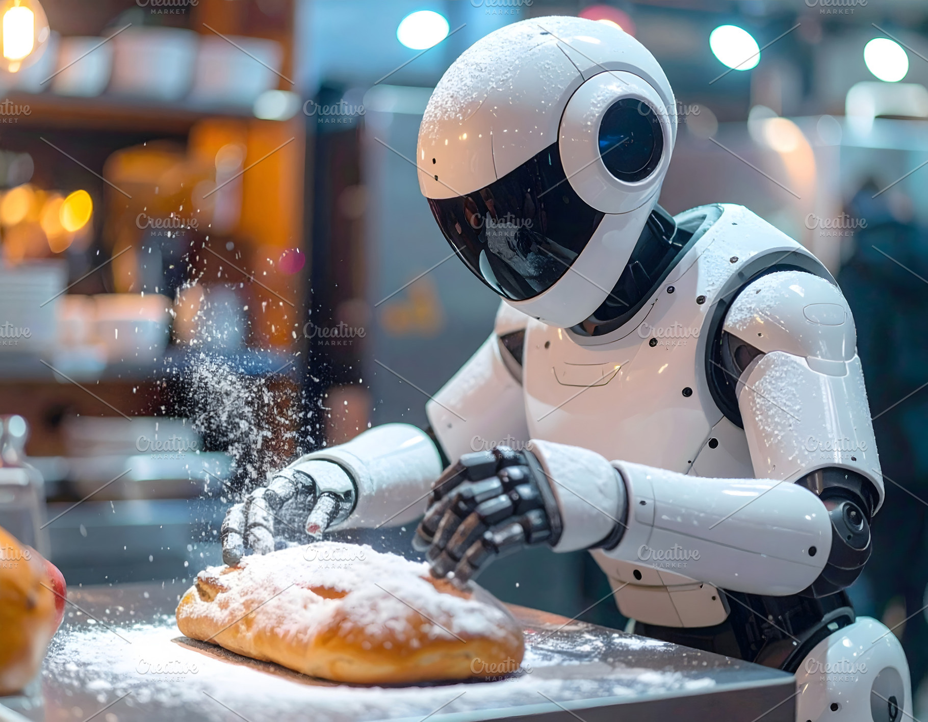 Futuristic pastry robot decorating bread with powdered sugar, an Industrial Photo by GoodGoods