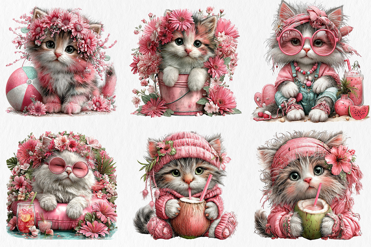 Whimsical Summer Cats Clipart, an Animal Illustration by Libby Wishes (Photo 2 of 3)