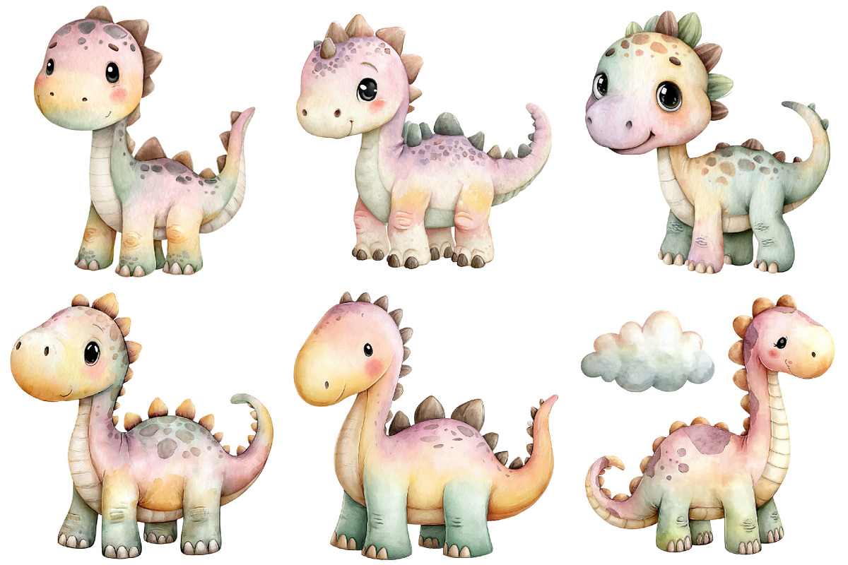Dinosaurs watercolor clipart, an Illustration by DreamCafeArt (Photo 7 of 7)