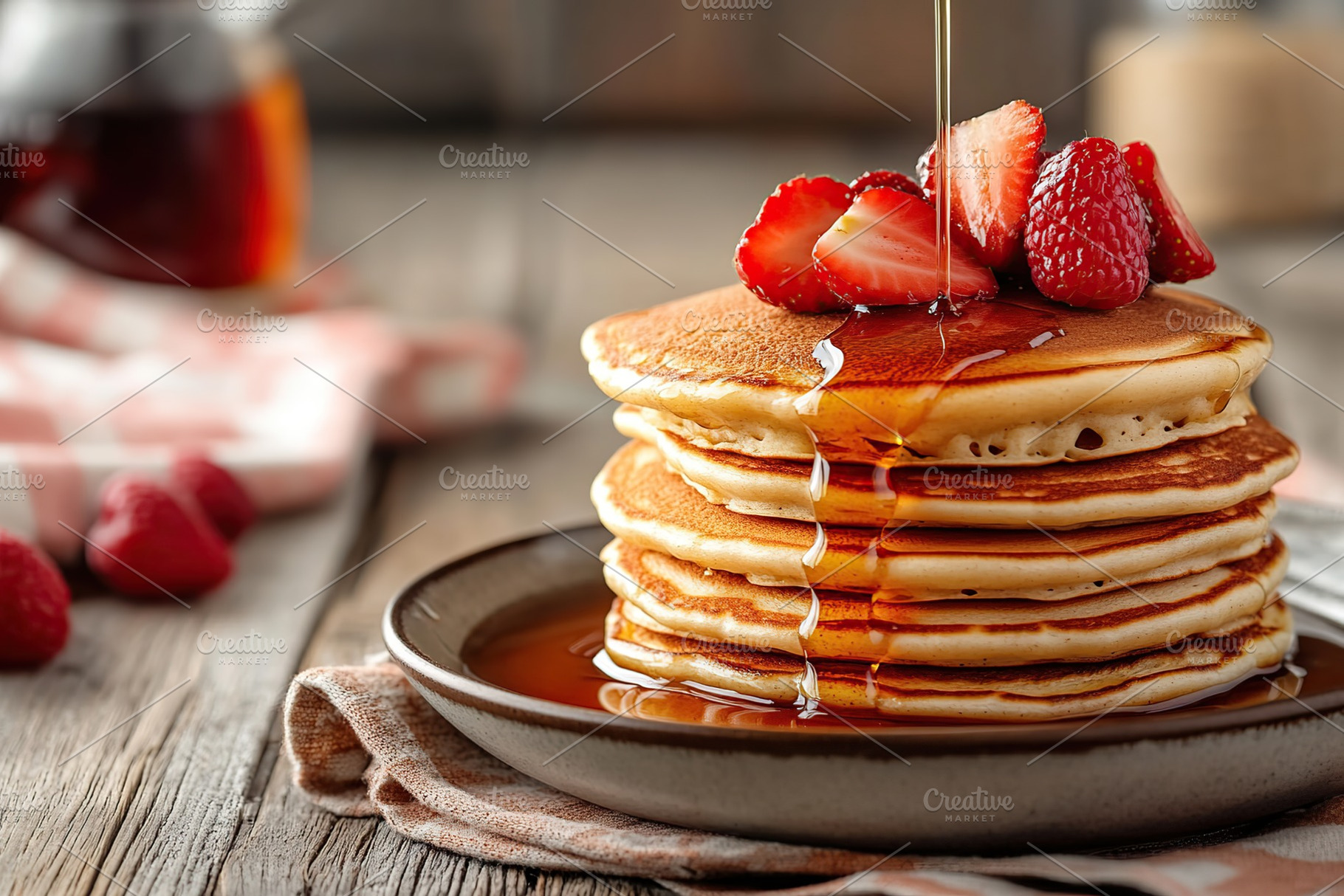 Fluffy pancakes topped with fresh strawberries and dripping syrup served in cer, a Food & Drink Photo by AlyaAnd