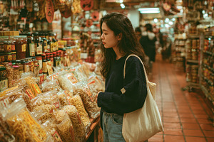 Woman shopping at Asian grocery stor, a Photo by Pixeness Studio