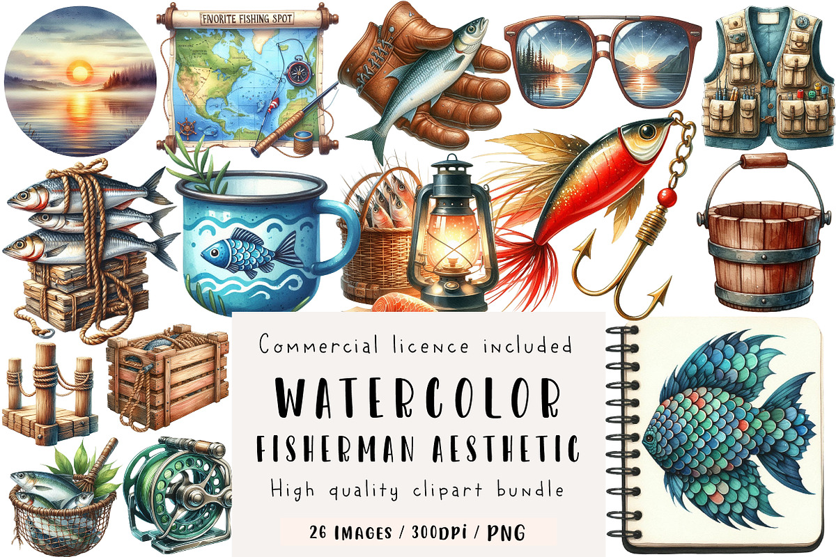 Fisherman Aesthetic Watercolor Clipa, an Illustration by CreationArt (Photo 1 of 5)