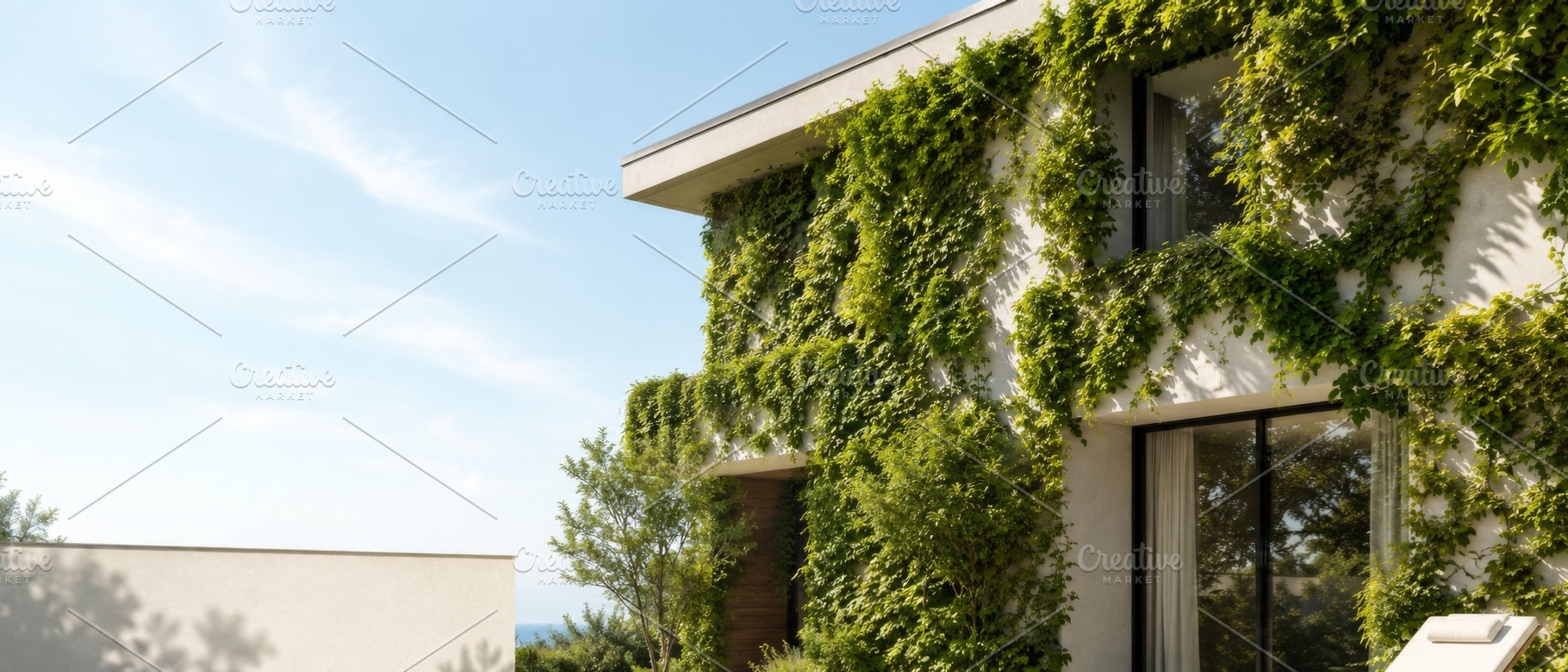 Green facade house in summer sunligh, a Photo by Dvoevnore photos