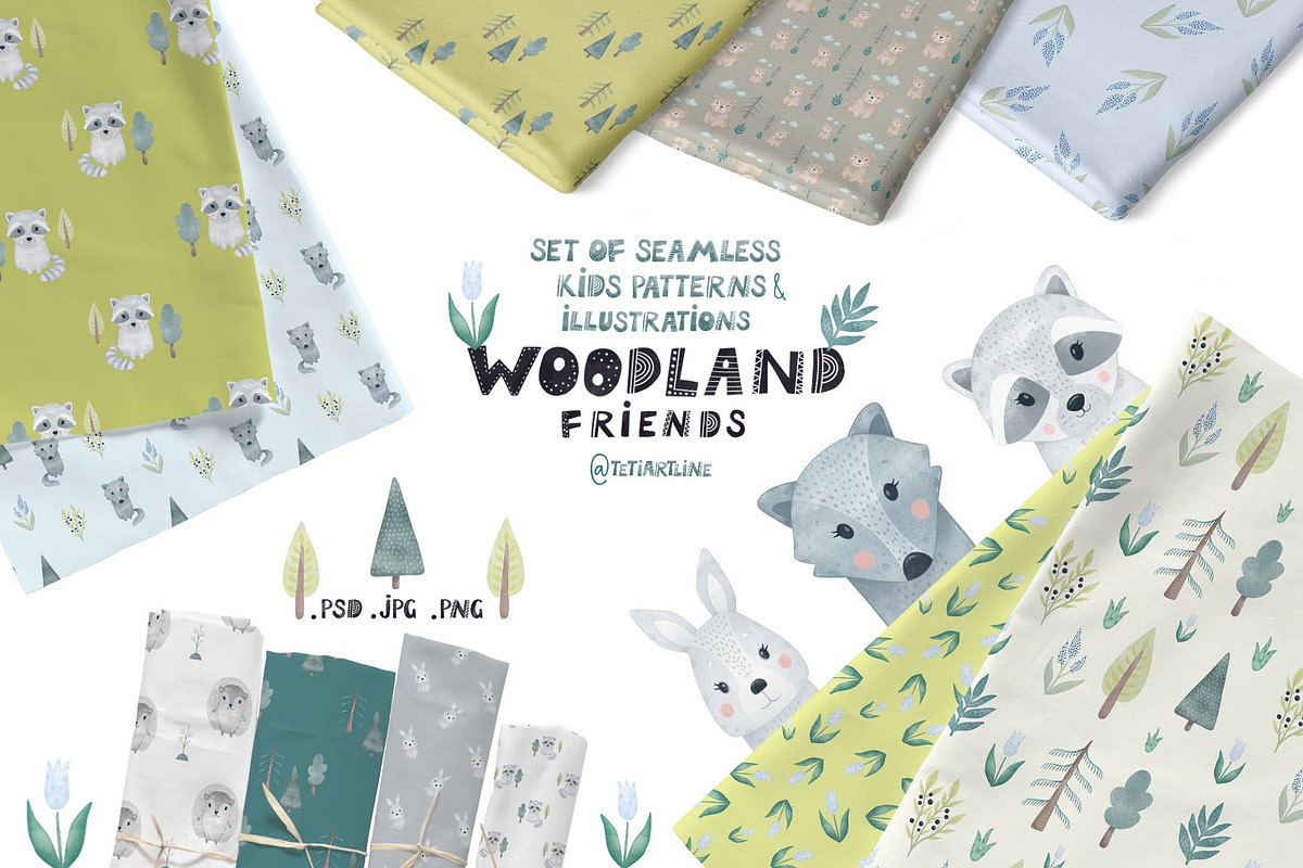 Woodland friends. Kids patterns set, an Animal Illustration by tetiartline (Photo 1 of 11)