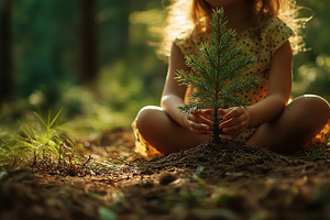 Child hands taking care of small pine tree sapling in the forest, a Photo by AlyaAnd