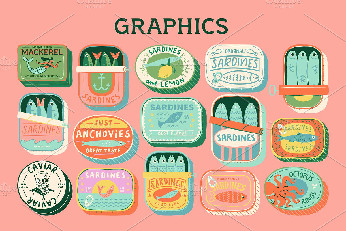 Canned Fish Graphics + Pattern, a Food Illustration by Dedraw Studio (Photo 2 of 7)