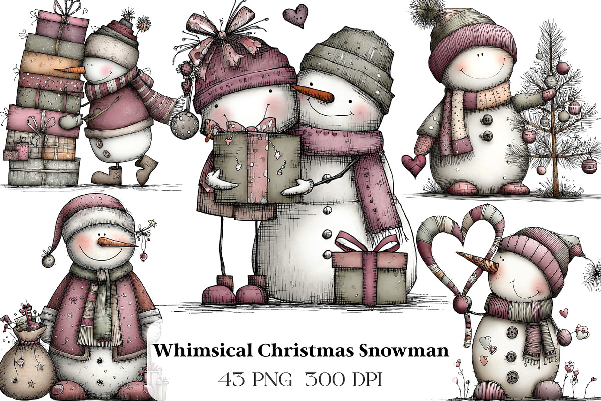 Whimsical Christmas Snowman Clipart, an Illustration by CraftArtStudio (Photo 1 of 6)