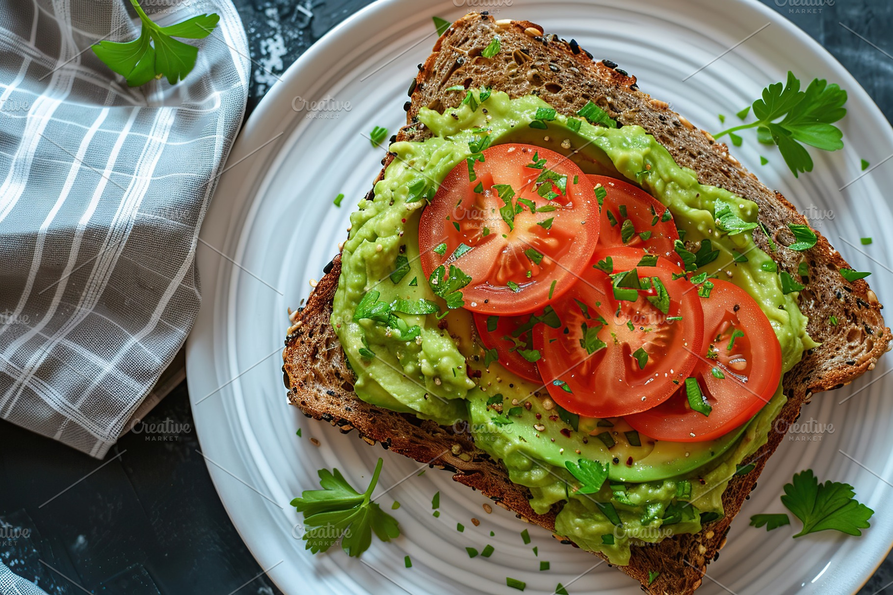 Toast bread with avocado puree and tomatoes. Vegetarian food., a Food & Drink Photo by AlyaAnd