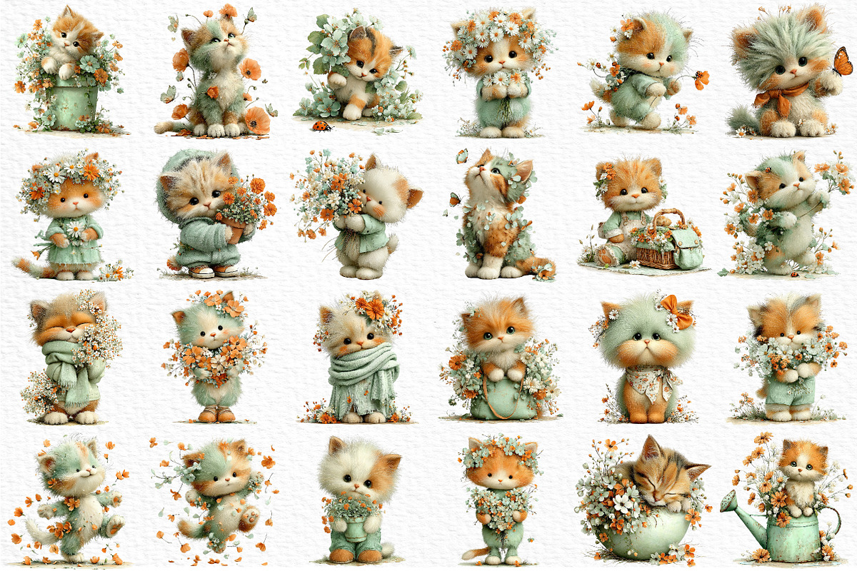 Whimsical Spring Cats Clipart, an Illustration by Craft Nest (Photo 6 of 11)