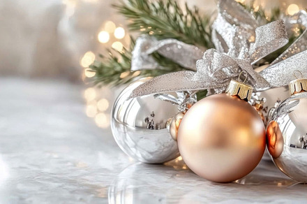 Christmas ornaments and pine branches on marble background, spar, a Photo by Dvoevnore photos