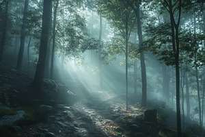 Misty Forest Path Sunbeams Illuminat, a Photo by Pixeness Studio