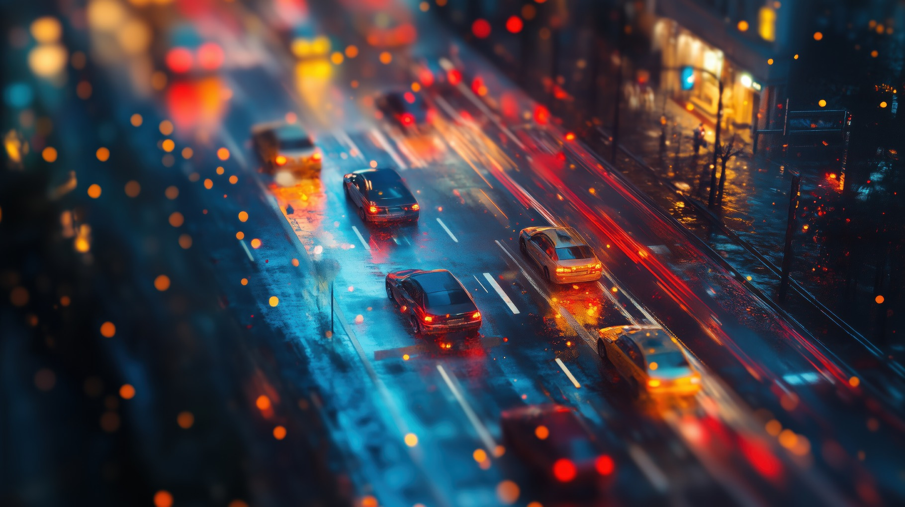 A vibrant city street scene during rain, with blurred car lights and ...