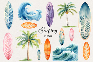 Surfing Watercolor Clipart. AI
