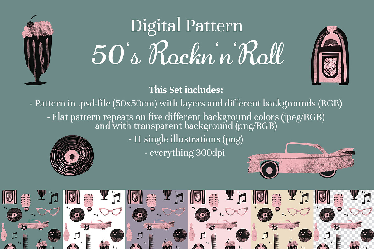 pink 50s Rock'n'Roll Pattern, a Pattern Graphic by koberstein (Photo 2 of 3)