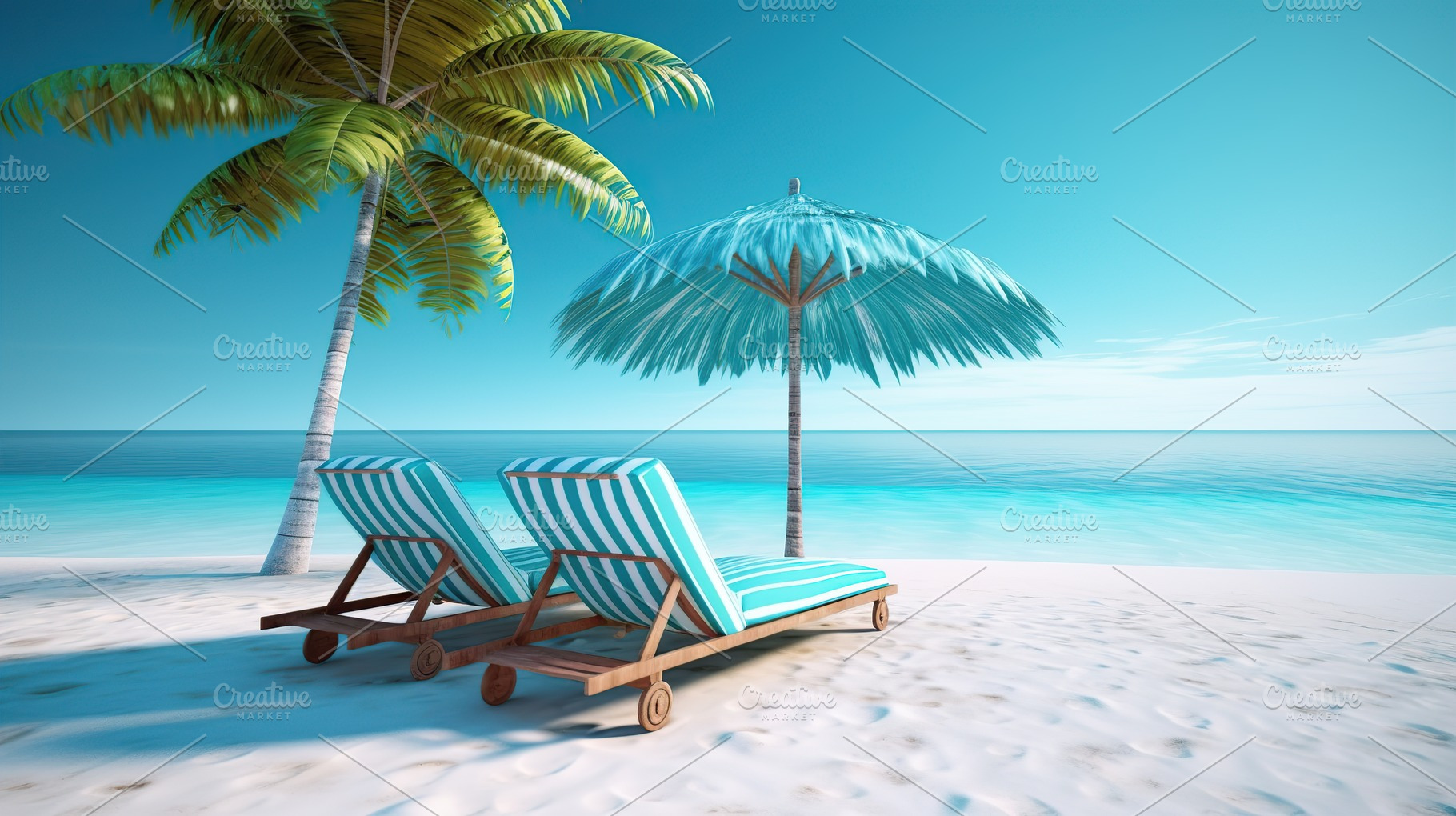 Illustration of deck chairs on sandy beach near palm tree. Generative AI, a Nature Photo by AlyaAnd