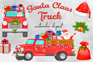 Watercolor Santa Claus Truck